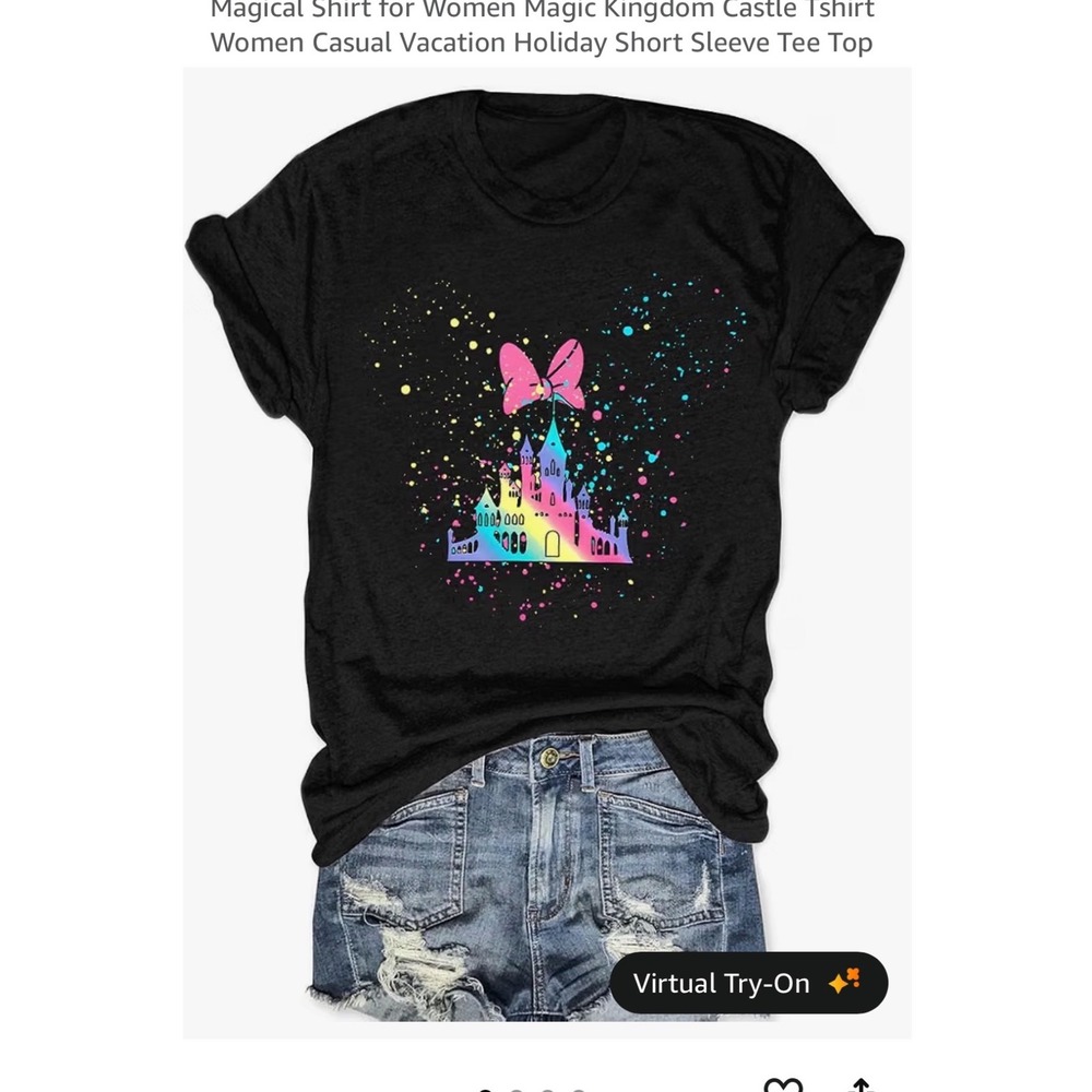 Graphic T-Shirt Women Medium Black Rainbow Disney castle neon stretch mickey ear